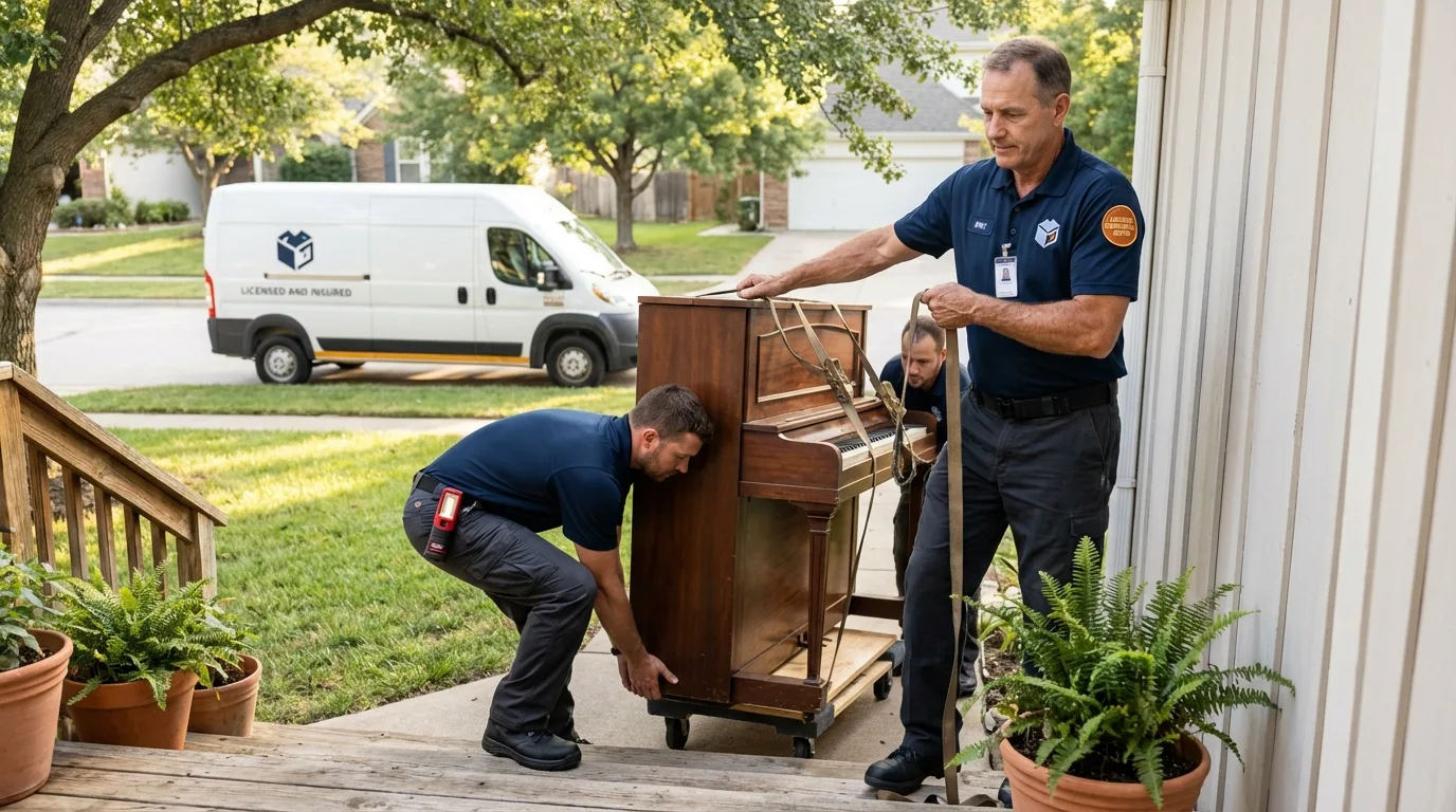 Licensed piano movers securing grand piano in Burlington, WA