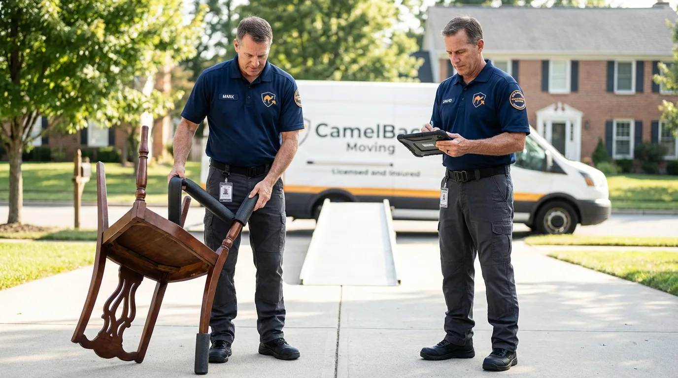 Movers inspecting furniture for damage prevention before loading in Burlington, WA