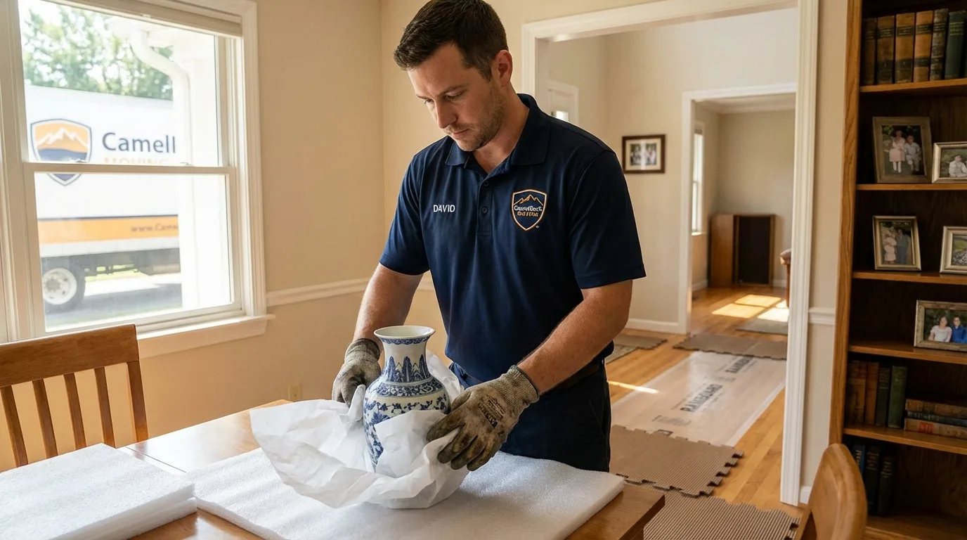 Professional crew carefully wrapping antique vase for senior downsizing move in Burlington, WA